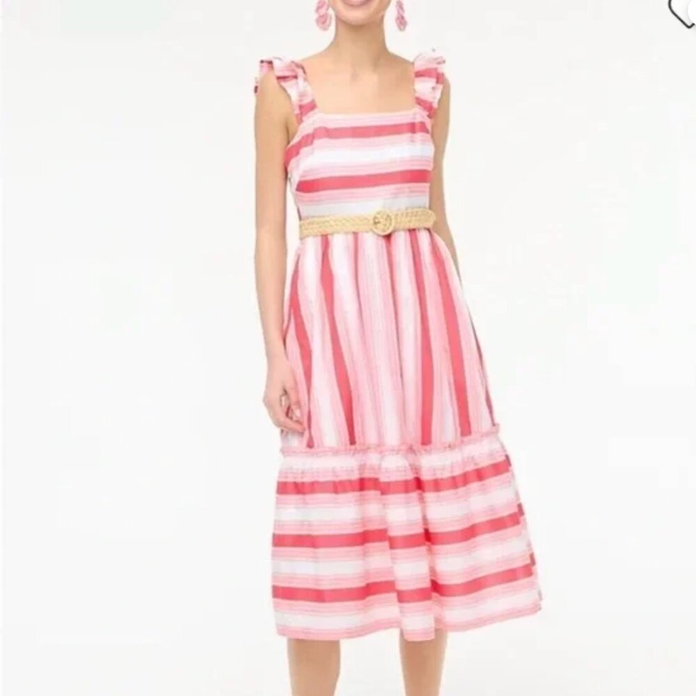 NWOT J. Crew Pink Striped Ruffle Shoulder Sundress Size 8